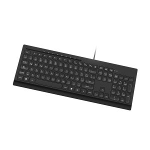 Black wired computer keyboard shown at an angle on a white background (full-size with numeric keypad)