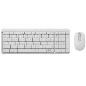 White wireless keyboard with numeric keypad and a matching white mouse set (Logi).