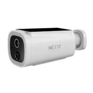 White cylindrical security camera with a black front panel housing dual lenses, angled to the left.