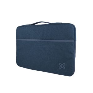 Blue padded laptop sleeve with a top handle and front zipper pocket on the side, showing a small logo in the bottom corner