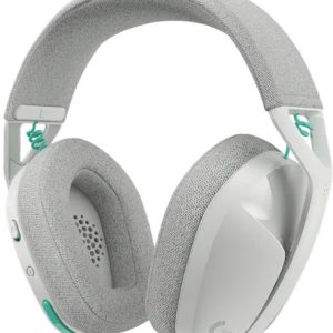 White over-ear headphones with gray cushions and green accents, shown in a three-quarter view. Articulated headband and ear pads visible.