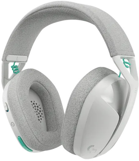 HEADSET LOGITECH G321 INALAMBRICO LIGHTSPEED BLUETOOTH BLANCO (981-001562) White over-ear headphones with gray cushions and green accents, shown in a three-quarter view. Articulated headband and ear pads visible.