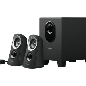 Logitech 2.1 computer speaker system with a black subwoofer, two satellite speakers, and a small wireless controller on a white background