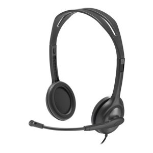 Black wired over-ear headset with adjustable headband and built-in microphone on a flexible boom.