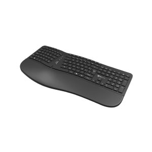 Ergonomic black keyboard with curved palm rest, angled from the side, for comfortable typing.