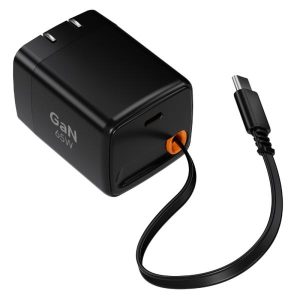 Black GaN 65W wall charger with a two-pin plug; orange USB‑C port and a short USB‑C cable emerging from the port.