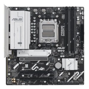 ASUS Prime B450M-A micro-ATX motherboard with LGA socket, RAM slots, PCIe slots, and metal heatsinks