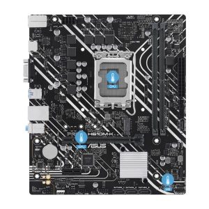 ASUS H610M-K motherboard with LGA CPU socket, two DIMM slots, PCIe slot, and I/O connectors visible