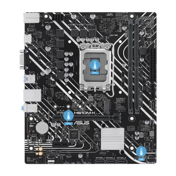items-149.png ASUS H610M-K motherboard with LGA CPU socket, two DIMM slots, PCIe slot, and I/O connectors visible