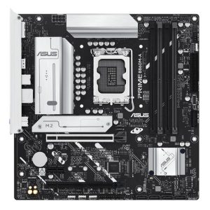 ASUS PRIME B660M-A micro-ATX motherboard with LGA socket, cooling heatsink, PCIe slots, M.2 slot, and four RAM DIMMs.