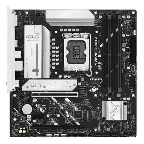 items-150.png ASUS PRIME B660M-A micro-ATX motherboard with LGA socket, cooling heatsink, PCIe slots, M.2 slot, and four RAM DIMMs.