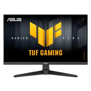 ASUS TUF Gaming monitor on a stand, displaying a yellow logo and the words 'TUF GAMING' on a dark backdrop (Series Five)