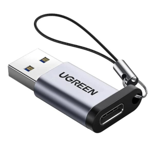 UGREEN USB-C to USB-A adapter with a black lanyard on a keychain.