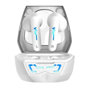 White true-wireless earbuds in an open charging case with blue accents on the earbuds and case buttons