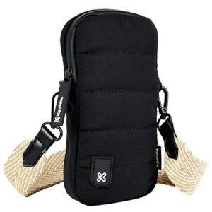 Black padded crossbody phone pouch with a beige adjustable strap and zipper closure