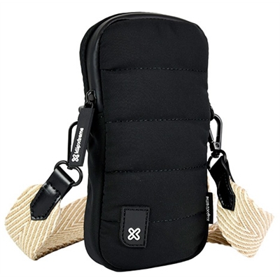 BOLSO KLIP XTREME HOMBRO PEQUEÑO ORGANIZADOR NEGRO (KCB-450) Black padded crossbody phone pouch with a beige adjustable strap and zipper closure