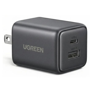 UGREEN wall charger with USB-C and USB-A ports for charging devices (black rectangular adapter)