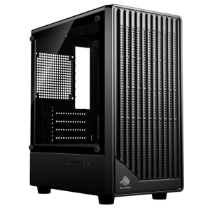 Black mid-tower PC case with a vented front panel and a side panel removed to show internal mounting spots
