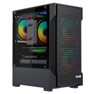 Black mid-tower gaming PC with a transparent side panel, RGB-lit fans, and a GeForce GTX GPU visible inside