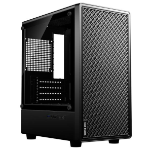 Black mid-tower computer case with a perforated mesh front panel and a transparent side panel, shown from an angled front-left view