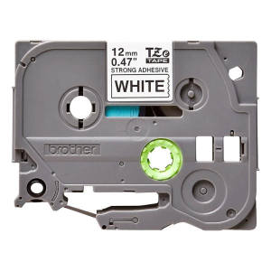 12mm TZe label tape cassette with a white label, blue tape visible inside, and a bright green drive wheel (Brother)