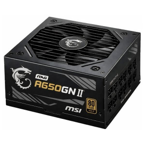 Black modular PC power supply unit (MAG A650GN II), 80 Plus Gold rated, with visible modular connectors on the side and top airflow fan.