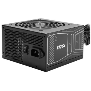MSI-branded computer power supply with top cooling fan and perforated back panel, shown from an angle.