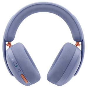 Lavender over-ear headphones with cushioned ear cups and headband. They have orange control buttons on the ear cup side.