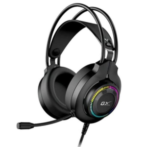Black over-ear gaming headset with RGB-lit ring on the ear cup and a built-in microphone, wired