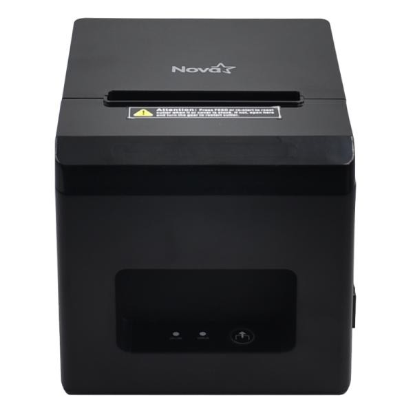 IMPRESORA DE PUNTO DE VENTA TÉRMICA NOVA (FFP3080U001C) Compact black Nova POS receipt printer viewed from the front, with paper slot on top.