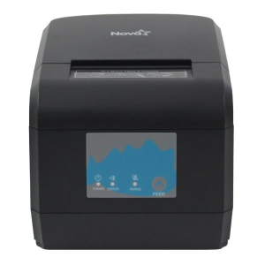 Compact black desktop printer with a blue control panel on the front and a top paper outlet (Nova branding).