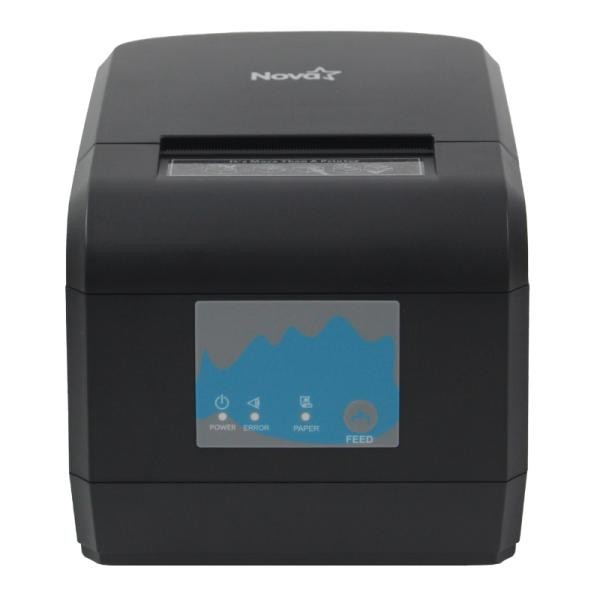 IMPRESORA DE PUNTO DE VENTA TÉRMICA NOVA USB BLUETOOTH (FFP1908B001C) Compact black desktop printer with a blue control panel on the front and a top paper outlet (Nova branding).