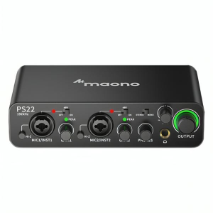 Maono PS22 audio interface front panel with two combo mic/line inputs, gain knobs, headphone output, and a large green-outlined master volume knob on the right.