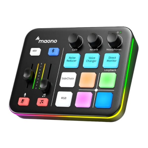 Maono audio interface with 12 colorful backlit pads, knobs for gain and effects, and Direct Monitor controls nearby.
