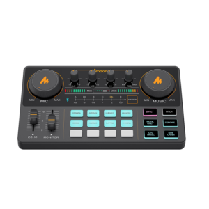 Portable DJ controller with two large jog wheels, knobs, and color-coded pads for music mixing and production
