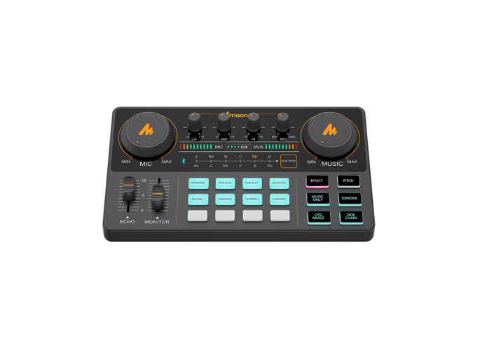 INTERFASE DE AUDIO MAONO PARA CONECTAR MICROFONO AU-AM200 (AU-AM200) Portable DJ controller with two large jog wheels, knobs, and color-coded pads for music mixing and production