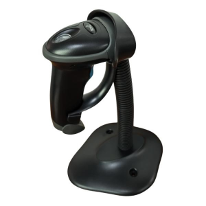 Handheld barcode scanner resting on a flexible gooseneck stand with a sturdy base