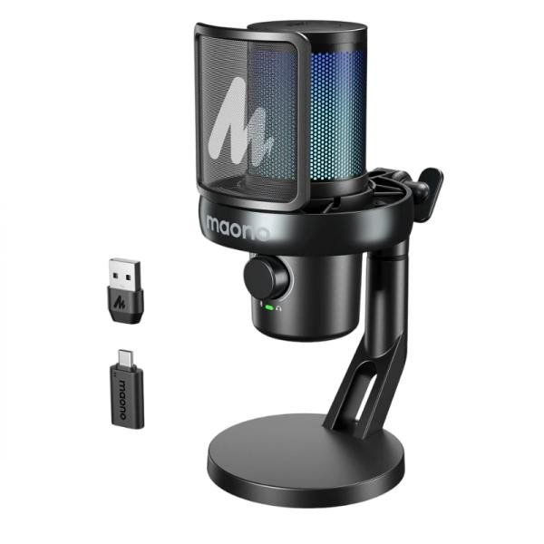 MICROFONO MAONO DM40 PRO USB E INALAMBRICO (DM40 PRO) Maono USB condenser microphone on an adjustable black desktop stand with two USB adapters nearby