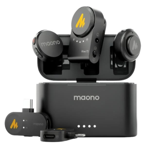 Maono wireless mic system with charging dock and accessories on a dark base, front view showing transmitter, receiver, and adapters