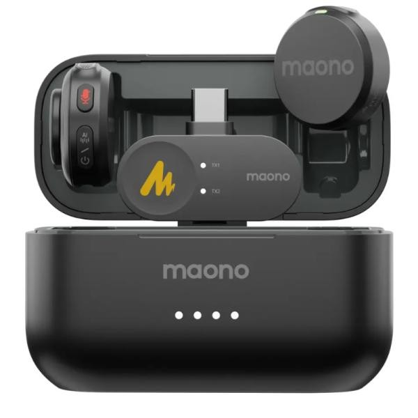 MICROFONO MAONO WM650 PC2 INALAMBRICO (WM650 PC2) Maono wireless lavalier mic kit in an open charging case, showing the receiver and two transmitters (one with a yellow M logo).