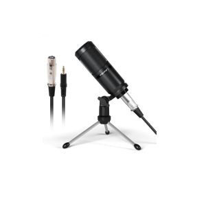 Condenser microphone mounted on a small tripod stand with an XLR cable connected for recording.