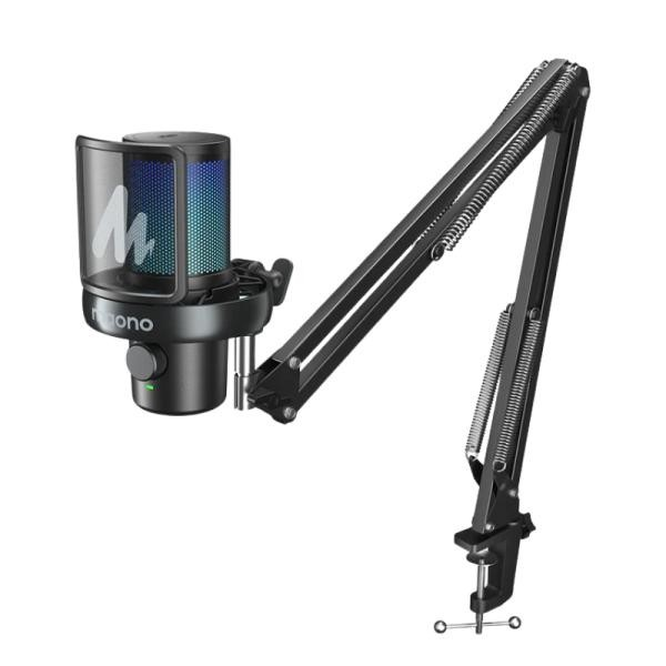MICROFONO RGB MAONO DM40 PRO S INALAMBRICO (DM40 PRO S) Condenser microphone in a shock mount on an adjustable boom arm with a desk clamp ready for podcasting or streaming.