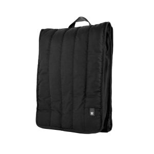 Black padded laptop sleeve with a small top handle, closed zipper on the side edge, minimalist design.