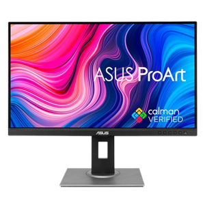 ASUS ProArt monitor on a metal stand displaying a vibrant colorful wallpaper with Calman Verified logo.