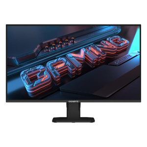 Gigabyte computer monitor on a black stand displaying a neon 3D 'GIGABYTE' graphic on screen