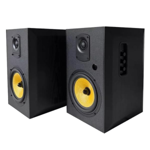 Pair of black bookshelf speakers with yellow woofer cones facing forward.