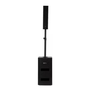 Black portable PA system: a tall column speaker mounted on a stand atop a compact subwoofer with two front slots.