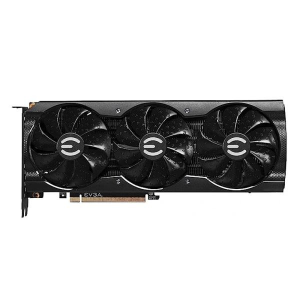 Triple-fan graphics card with EVGA branding and PCIe connector in a black finish.