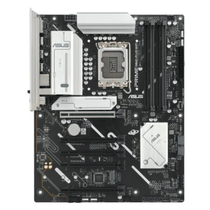 ASUS PRIME motherboard with LGA CPU socket, two RAM slots, PCIe slots, and white heatsinks.