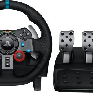 PlayStation racing wheel with blue accents and three pedals for driving games in a black base setup.